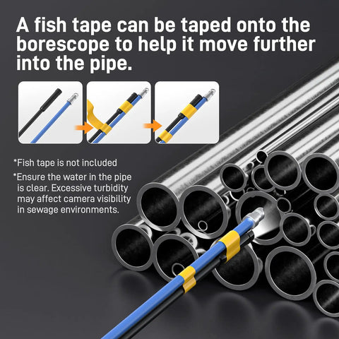 50 Foot USB C Borescope Camera With Built In Light inserted in pipe, demonstrating flexible probe for DIY inspections.