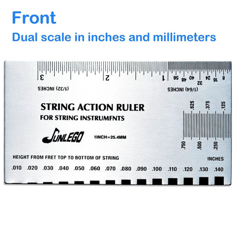 Front view of Precision Guitar Action Gauge Ruler with inches and millimeters scale for accurate string height measurement.