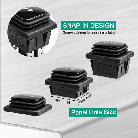 Waterproof Reverse Polarity Momentary DC 12V Six Pin Three Position On Off On Rocker Switch snap-in design shown