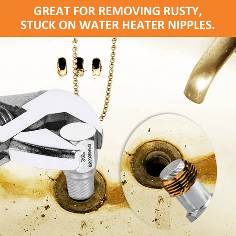 Close-up of One And A Half Inch Tub Drain Extractor Kit With 6 Pipe Nipple Extractors used on rusty drain with pliers.