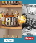 Compact Clear Acrylic Lazy Susan Organizer 8 Inch Turntable showing organized vs. cluttered kitchen shelf