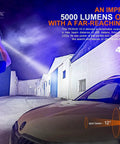 Beast Mode 5000 Lumen Flashlight with 437 Yard Throw used by police officer, highlighting beam and lighting angles, night scene