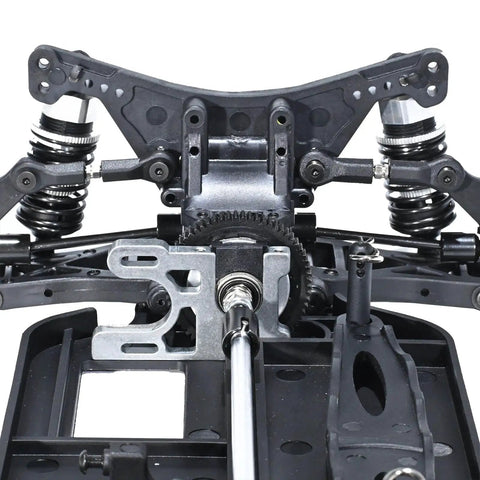 Close-up of One Tenth Scale 4x4 On Road RC Rolling Chassis Frame Kit For Adults showing suspension and wheelbase adjustments