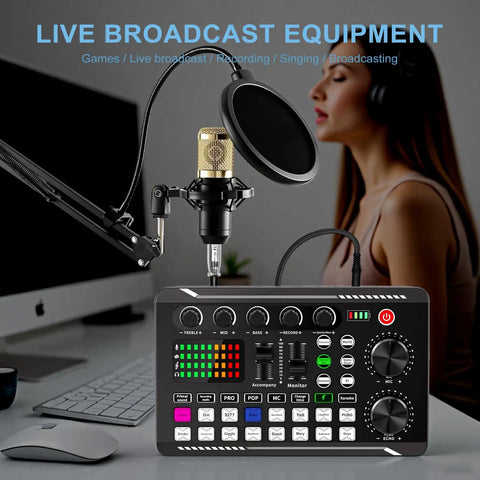Comprehensive Podcast Gear Bundle With BM-800 Microphone Gold and F998 Audio Interface in studio setup on desk