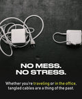 The Side Kick Collapsible Charger Organizer And Travel Accessory For USB C Cords And MacBook And PC Chargers Cable Management White Keeps Cables Tidy On The Go shown organizing cables on dark surface.