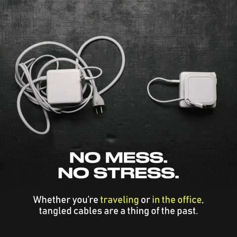 The Side Kick Collapsible Charger Organizer And Travel Accessory For USB C Cords And MacBook And PC Chargers Cable Management White Keeps Cables Tidy On The Go shown organizing cables on dark surface.