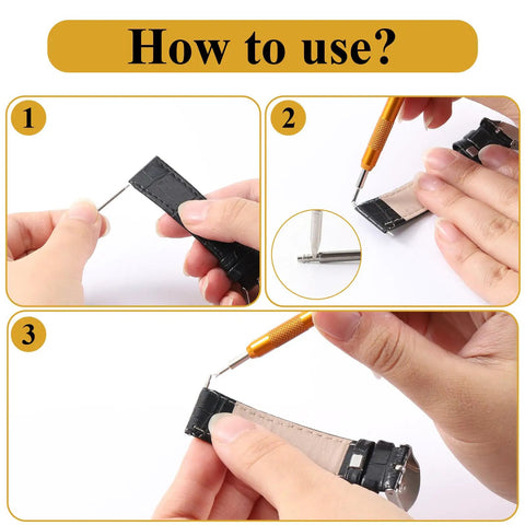 Instructions on using Heavy Duty Watch Band Pins And Spring Bar Tool Kit With 76 Stainless Steel Pins for watch strap repair