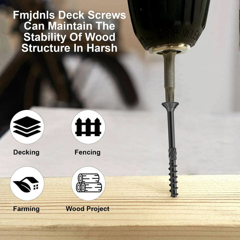 Drill inserting Two Inch Wood Deck Screws Number Eight By Two, 300 Piece Pack, Black Rust Resistant Epoxy Coated Exterior Decking Screws With Torx Star Drive And T25 Bit Included for Outdoor Decks and Pressure Treated Wood Built To Last into wood plank with icons for decking, fencing, farming, and wood project.