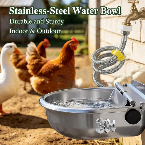 Automatic Dog Water Dispenser With Smart Float Valve Auto Filling Water Bowl For Cats Pups And Livestock Indoor Outdoor Hydration Station with stainless steel bowl and hose.