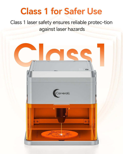 Carverall A1 Pro 10W mini laser engraver with camera; gray top, orange base desk unit engraving a round wood piece
