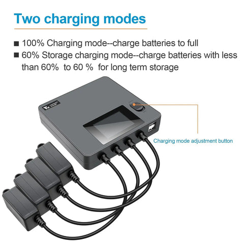 LCD Display 6 In 1 Battery Charger For DJI Mini 5 Pro, Mini 4 Pro, Mini 3 Pro, Mini 3 showing charging modes and connected batteries