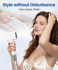 High Speed Hair Dryer With 150000 RPM Motor And 1400W Power For 1 To 5 Minute Fast Dry 3 Heat And Cool Settings With LED Ultra Quiet At 49 DB Fifteen Hundred Million Plasma Technology Magnetic Diffuser Nozzle Travel Ready used by woman