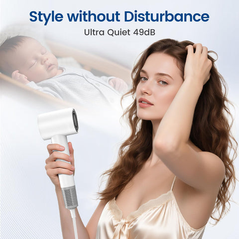 High Speed Hair Dryer With 150000 RPM Motor And 1400W Power For 1 To 5 Minute Fast Dry 3 Heat And Cool Settings With LED Ultra Quiet At 49 DB Fifteen Hundred Million Plasma Technology Magnetic Diffuser Nozzle Travel Ready used by woman
