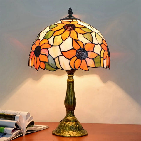 Sunflower Tiffany Style Stained Glass Table Lamp, 12 Inch Shade, 19 Inch Tall, E26 Socket, LED Bulb Included, Black Cord With Switch