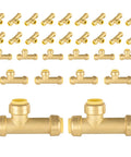 Pack Of 30 Three Quarter Inch Push Fit Slip Tee Fittings With Disconnect Clip For PEX Copper CPVC Pipes, brass fittings displayed.