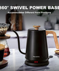 Gooseneck Electric Kettle With Built-In Thermometer, 1L Stainless Steel, 1000W Fast Boil, shown next to coffee items on a table.