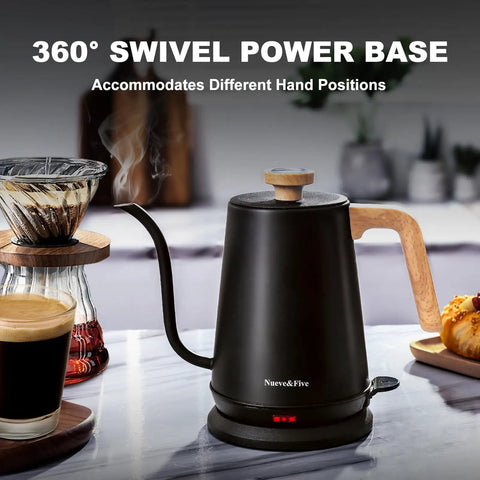 Gooseneck Electric Kettle With Built-In Thermometer, 1L Stainless Steel, 1000W Fast Boil, shown next to coffee items on a table.