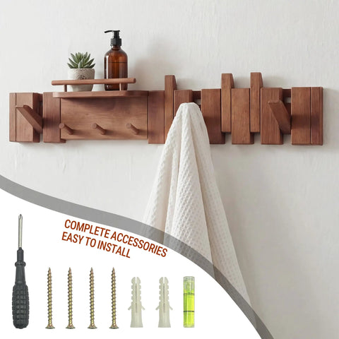 Dope Mid Century Modern Walnut Foldable Entryway Wall Coat Rack With Shelf And 9 Hooks Heavy Duty Wooden Wall Organizer on wall