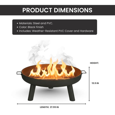 27.5 Inch outdoor wood burning fire pit with handles and cover black lightweight 17.5 lb portable fire pit dimensions