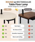 Comparison of round and rectangular space saving floor lamp with built in table and USB ports for small spaces.