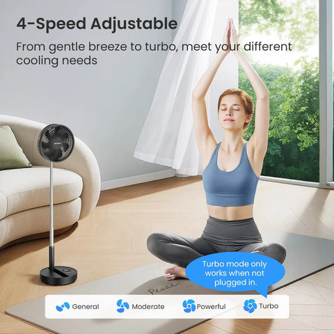 Rechargeable Portable Standing Fan With 8000mAh Battery Remote Quiet 8.1 Inch Oscillating Pedestal Floor Fan LED Display And Timer Foldable Desk Fan for home yoga practice.