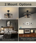 Industrial Farmhouse Ceiling Fan With Smooth Wood Blades Built In Light Wireless Remote Vintage Cage Design For Swoon Worthy Living Spaces And No Sweat All Day Cooling mounted in downrod and sloped ceiling options.