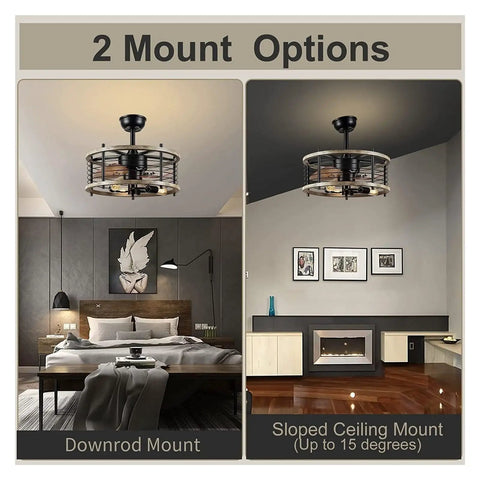 Industrial Farmhouse Ceiling Fan With Smooth Wood Blades Built In Light Wireless Remote Vintage Cage Design For Swoon Worthy Living Spaces And No Sweat All Day Cooling mounted in downrod and sloped ceiling options.