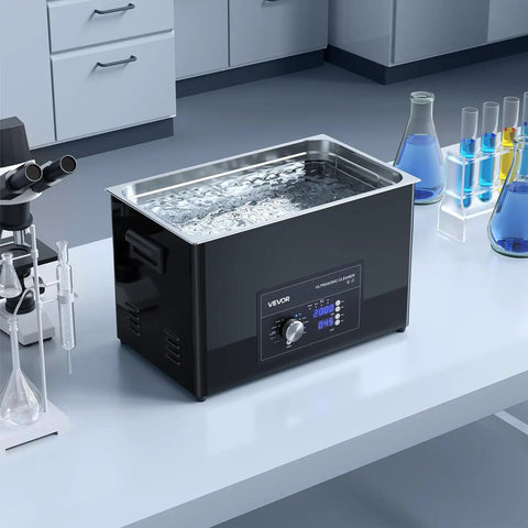 Pro Grade 30 Liter Ultrasonic Cleaner With 40 Khz Waves And Degassing Mode, stainless steel bin with water and control panel.