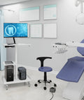 Heavy Duty White Rolling Mobile Workstation Cart With Smooth Gas Spring Height Adjustment For Sit Stand Daily Grind in a dental office.