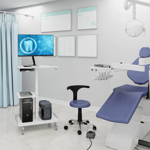 Heavy Duty White Rolling Mobile Workstation Cart With Smooth Gas Spring Height Adjustment For Sit Stand Daily Grind in a dental office.