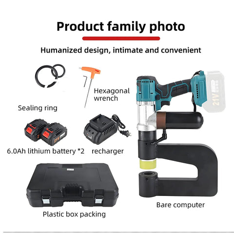 Pro-Grade Cordless Hydraulic Punch Kit With 6000mAh Battery, 150mm Throat Depth, and accessories including six die sets.