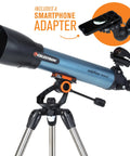 Beginner Refractor Telescope With Built In Phone Adapter For Easy Setup And Social Stargazing 100AZ Optics Foldable Tripod Entry Level Astronomy Kit For Newbie Explorers And Outdoor Enthusiasts. blue telescope on tripod