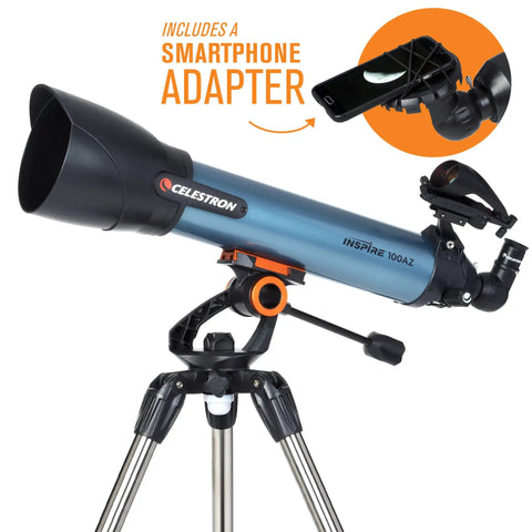 Beginner Refractor Telescope With Built In Phone Adapter For Easy Setup And Social Stargazing 100AZ Optics Foldable Tripod Entry Level Astronomy Kit For Newbie Explorers And Outdoor Enthusiasts. blue telescope on tripod