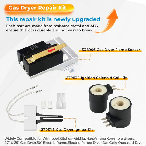 Upgraded Gas Dryer Repair Kit With Igniter And Gas Valve Coils For Whirlpool Kenmore Dryers WP338906 338906 Flame Sensor 279311 279834 Replaces AP3094251 PS334310 components displayed