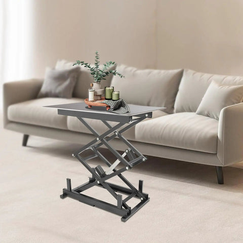 Heavy Duty 24V Electric Scissor Lift Table With 180 Lbs Capacity And Remote Control Featuring Durable Iron Frame For Rugged Jobsite Lifting Tasks in living room setting with decorative items.