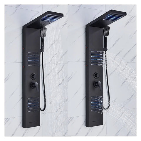 RIBEUJIZS Digital Shower System, Matte Black LED Shower Panel Waterfall Rain Faucet Set with hand shower and body jets.