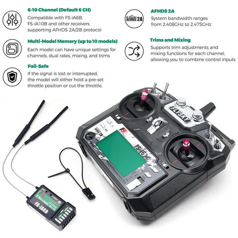 Six Channel 2.4GHz RC Transmitter Controller With iA6B Receiver displayed with dual antennas and LCD screen.