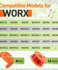 Image showing a compatibility chart for Worx trimmer models and illustration of 20 Pack Weed Eater String Replacement Spool For Worx Trimmers 0.065 Inch 10 Ft Per Pack High Performance Flexible Aero Cutting Line With Durable Design 16 Spools And 4 Caps For Easy Refill, with four orange caps and sixteen spools.