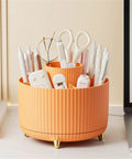 Rotating Desk Organizer With Six Compartments For Makeup Skincare Art Supplies And Office Gear Three Color Options Swivel Pen Holder And Multipurpose Storage For Markers Brushes Scraps And Essentials, orange desk view
