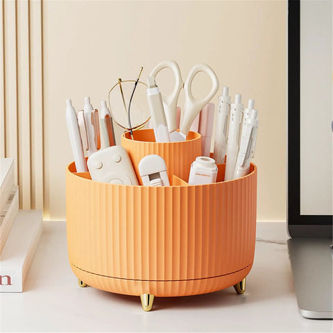 Rotating Desk Organizer With Six Compartments For Makeup Skincare Art Supplies And Office Gear Three Color Options Swivel Pen Holder And Multipurpose Storage For Markers Brushes Scraps And Essentials, orange desk view