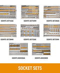 Megamod 1858 Piece Mechanics Tool Set with modular foam trays showing various socket sets for DIY projects