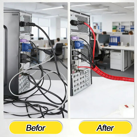 Before and after using Heavy Duty Spiral Hose Wrap Protector Cover For Hydraulic Lines Half Inch Hdpe Cable Guard Sleeve.