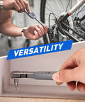 Using 30in1 Right Angle Screwdriver Kit with 36-Tooth Mini Ratchet Wrench to fix a bicycle and assemble furniture, showcasing versatility.