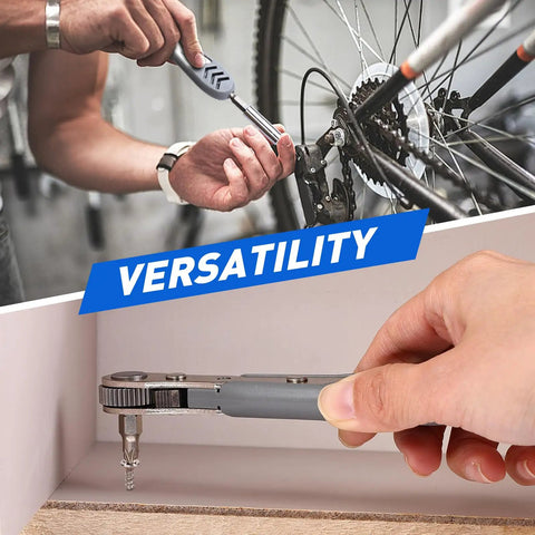Using 30in1 Right Angle Screwdriver Kit with 36-Tooth Mini Ratchet Wrench to fix a bicycle and assemble furniture, showcasing versatility.