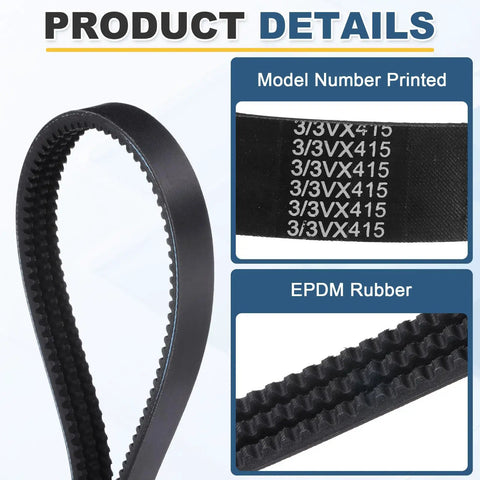 Heavy Duty Cogged EPDM V-Belt 3-Banded 41.5 Inch Outside Circumference 1.18 Inch Wide 0.39 Inch Thick Oil-Resistant High-Temperature Industrial Drive Belt with model number 3VX415 and EPDM rubber detail