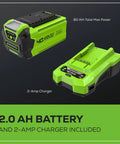 Image of 2.0Ah battery and 2-amp charger for 40V Cordless Walkway Warrior Yard Tool Combo Kit, highlighting power capacity.