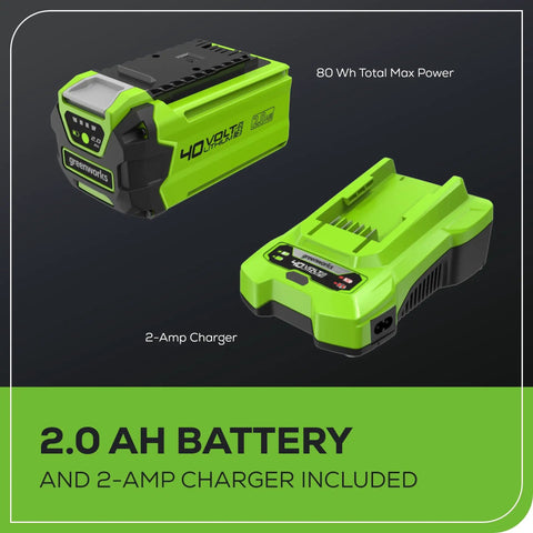 Image of 2.0Ah battery and 2-amp charger for 40V Cordless Walkway Warrior Yard Tool Combo Kit, highlighting power capacity.