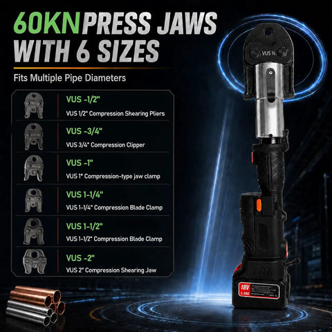Heavy Duty 60Kn Electric Copper Crimping Tool 18V Brushless Motor Press Kit showcasing multiple size jaws for various pipe fittings.