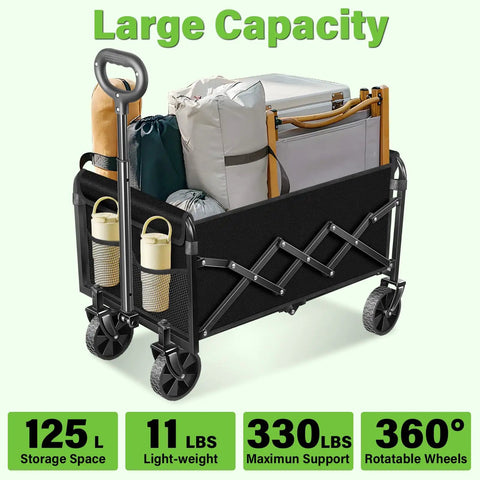 Foldable Wagon Cart With Wheels For Outdoor Adventures, Collapsible And Portable Utility Wagon With 125L Capacity, loaded with bags