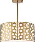 Dope Matte Gold Three Light Drum Shade Chandelier With Metal And Fabric Geometric Pattern In Yellow Finish For Living Room Dining Area Ideal For Modern Homes And Trending Home Decor
